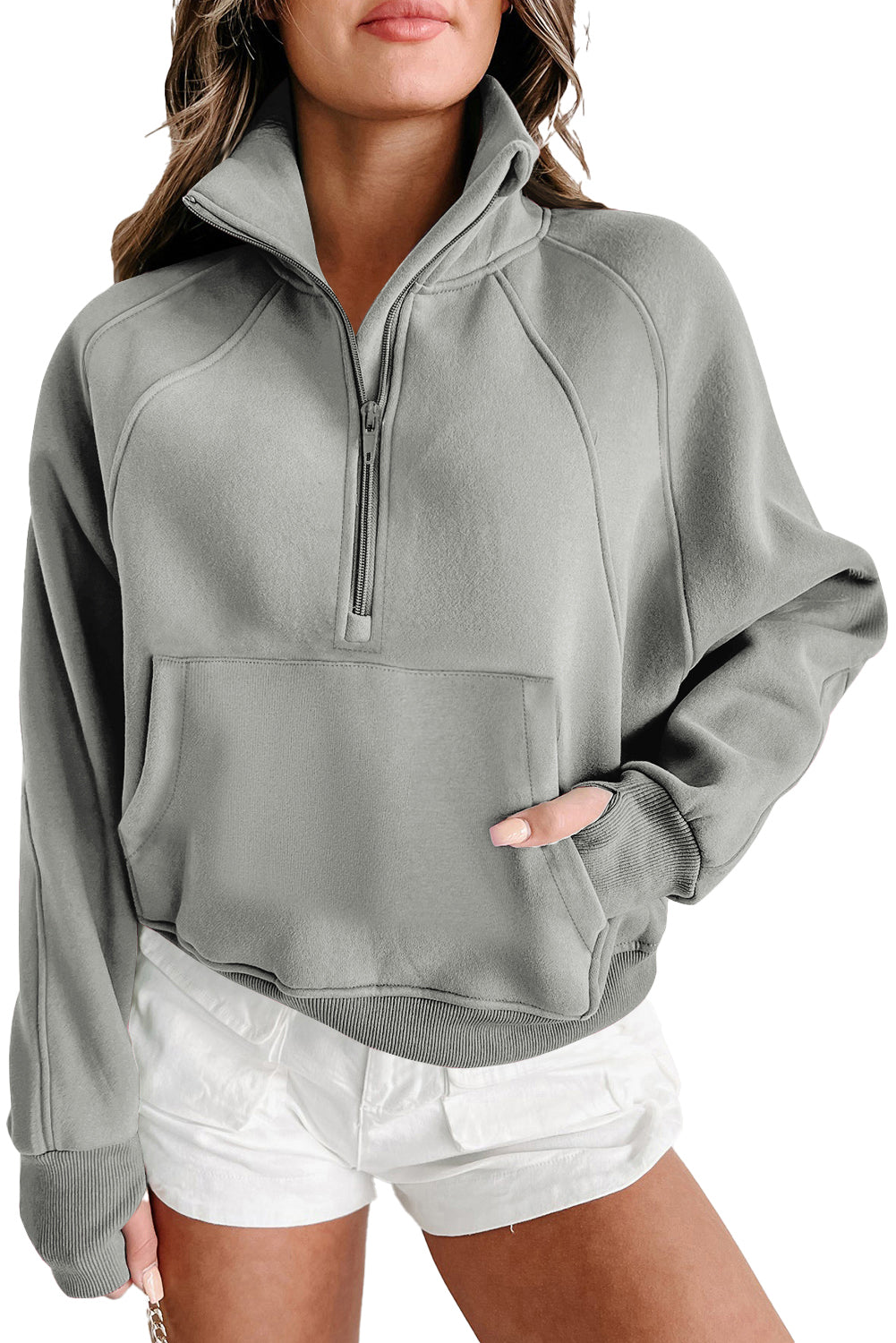 Smoke Green Zip Up Stand Collar Ribbed Thumbhole Sleeve Sweatshirt