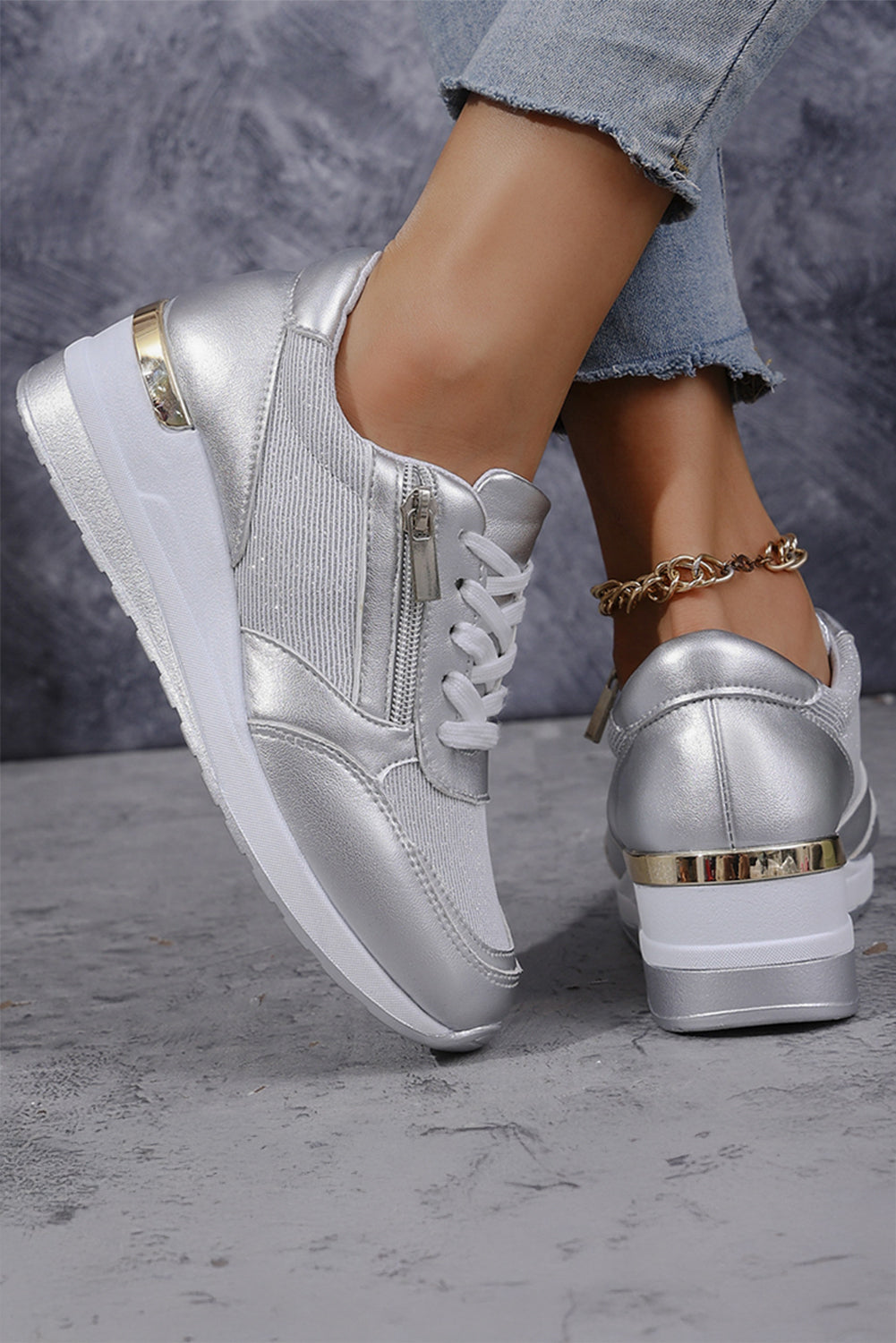 Gold PU Leather Patchwork Zipper Lace Up Sneakers