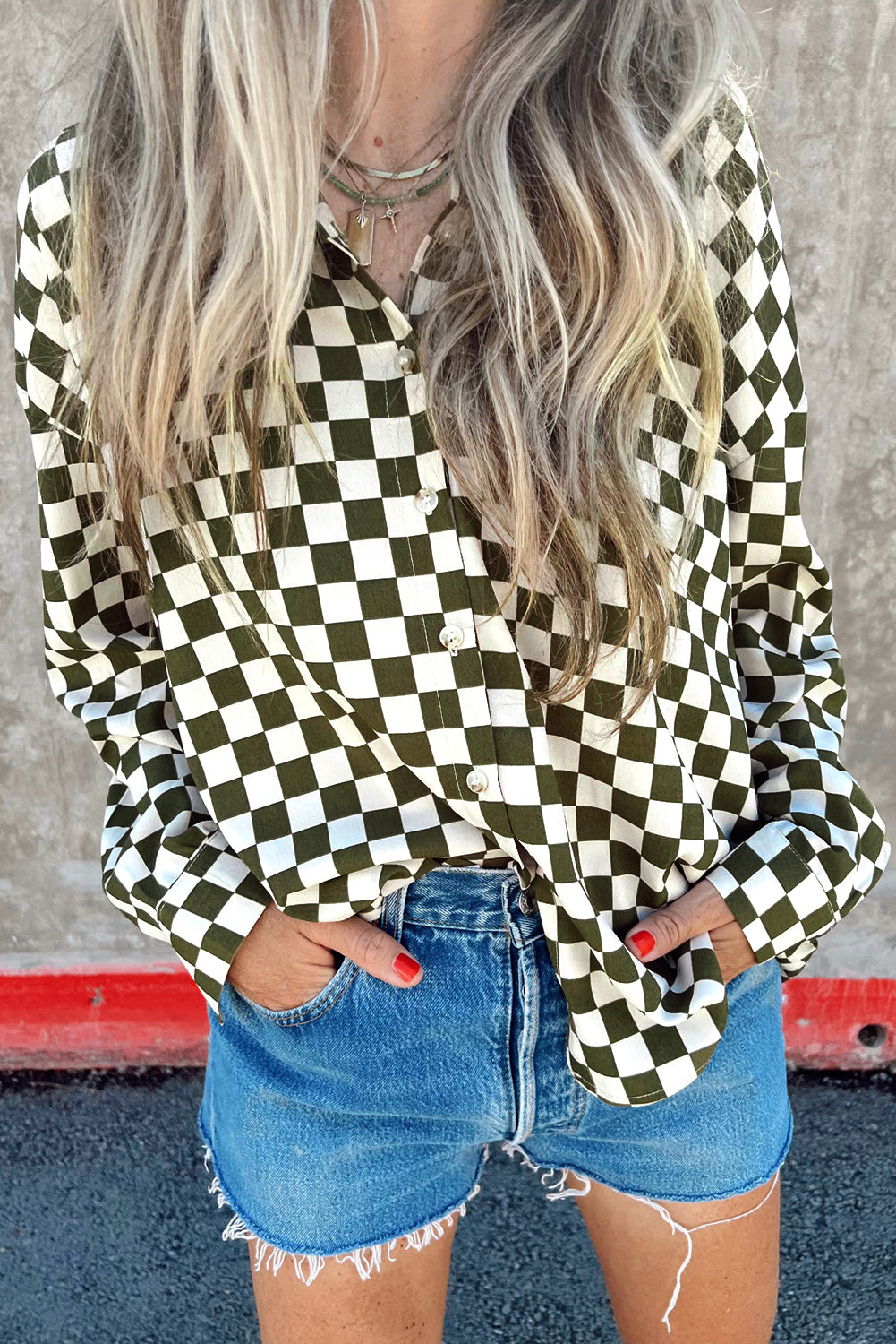 Green Checkerboard Print Drop Shoulder Loose Blouse