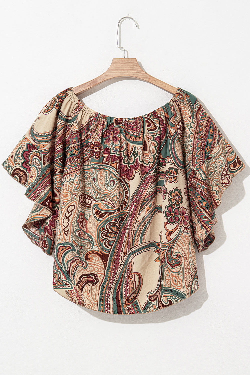 Elegant Apricot Paisley Off-Shoulder Ruffled Half Sleeve Blouse