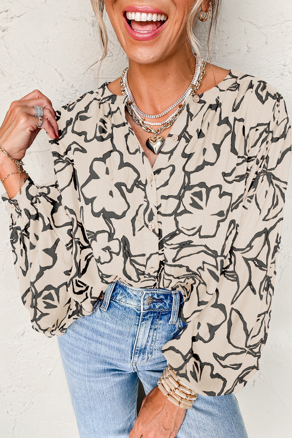 Rose Floral Print Batwing Sleeve Buttoned Loose Fit Shirt