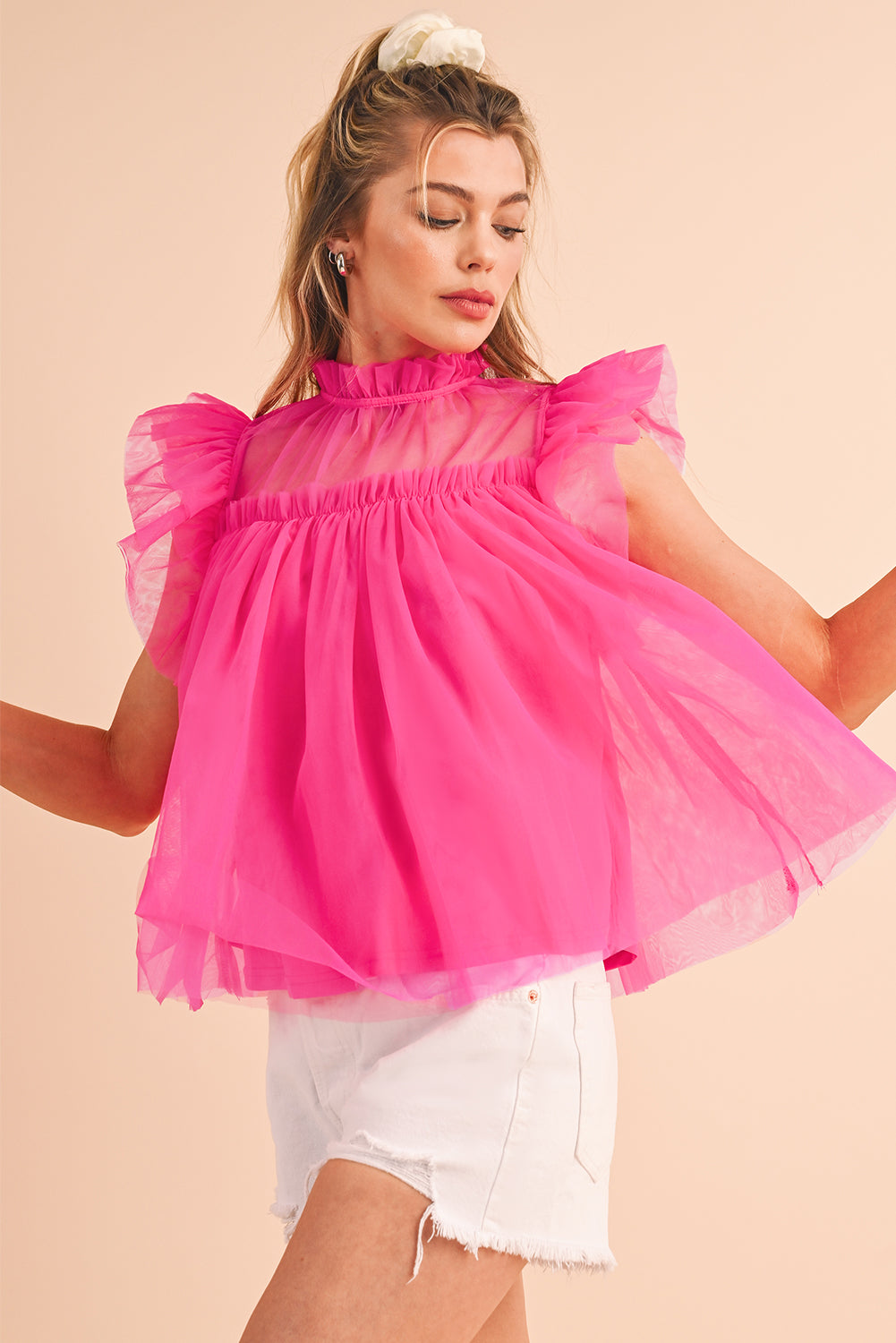 Ruffled Strawberry Pink Mesh Layered Top