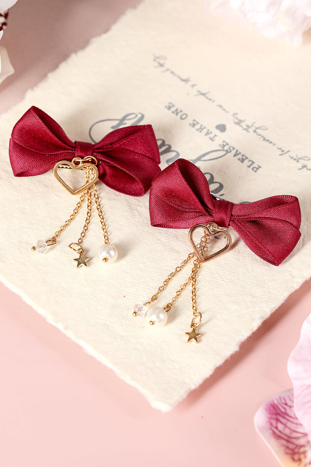 Pink Cute Heart Beaded Charm Bow Hair Clip for Girls