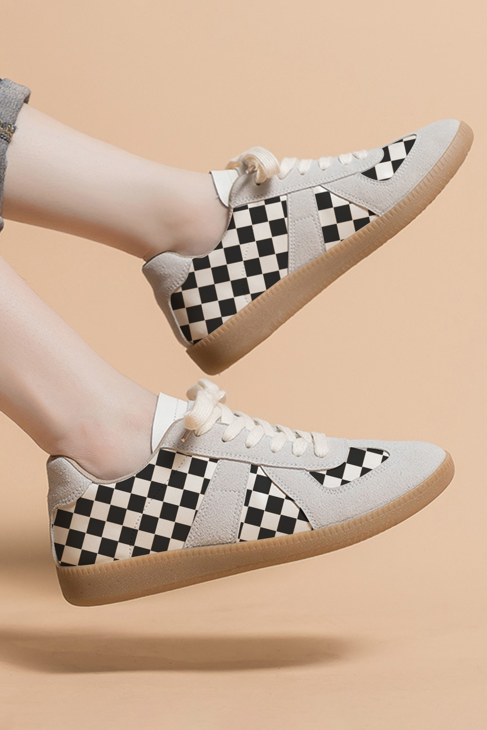 Black Checkerboard Patchwork Lace-up Flat Leatherette Shoes