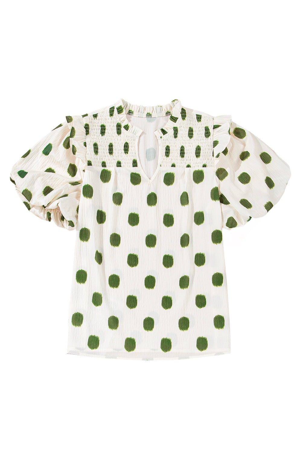 Abricot Polka Dot Print Blouse à manches de ballon à cou de cou brouillé