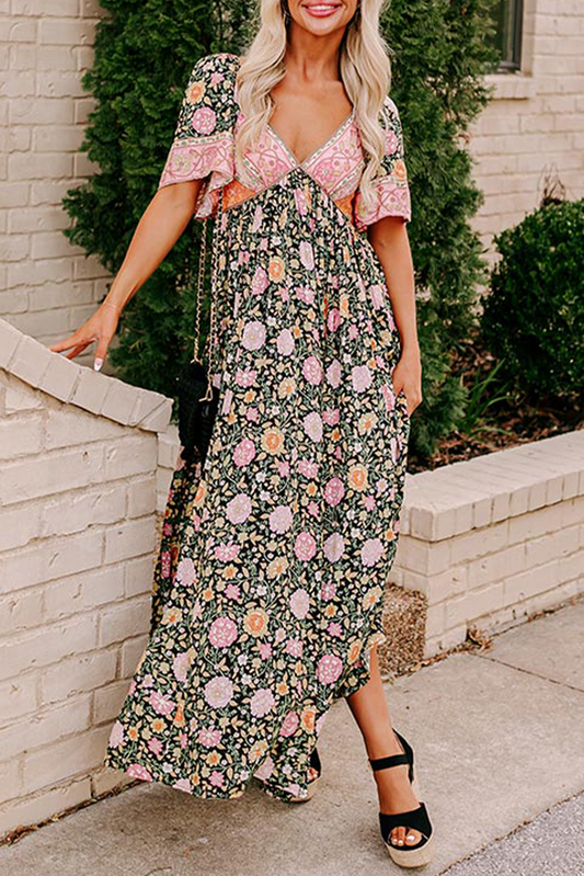 Bohemian Black Floral Patchwork V-Neck Maxi Dress with Short Sleeves