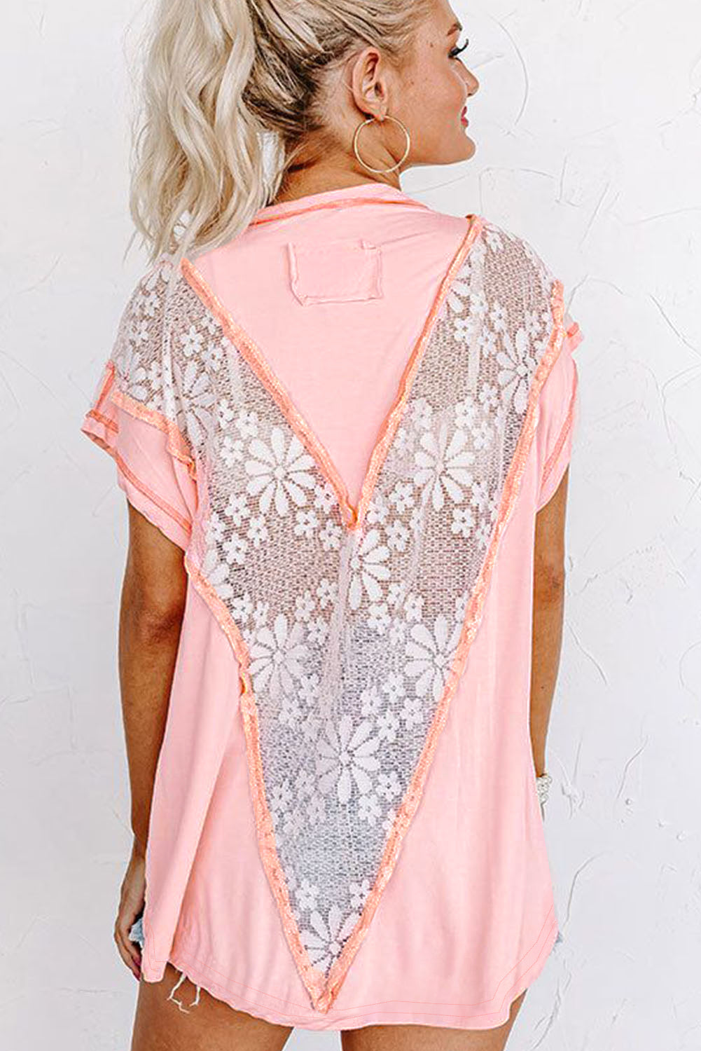 Light Pink Lace Patchwork Exposed Seam V Neck T Shirt