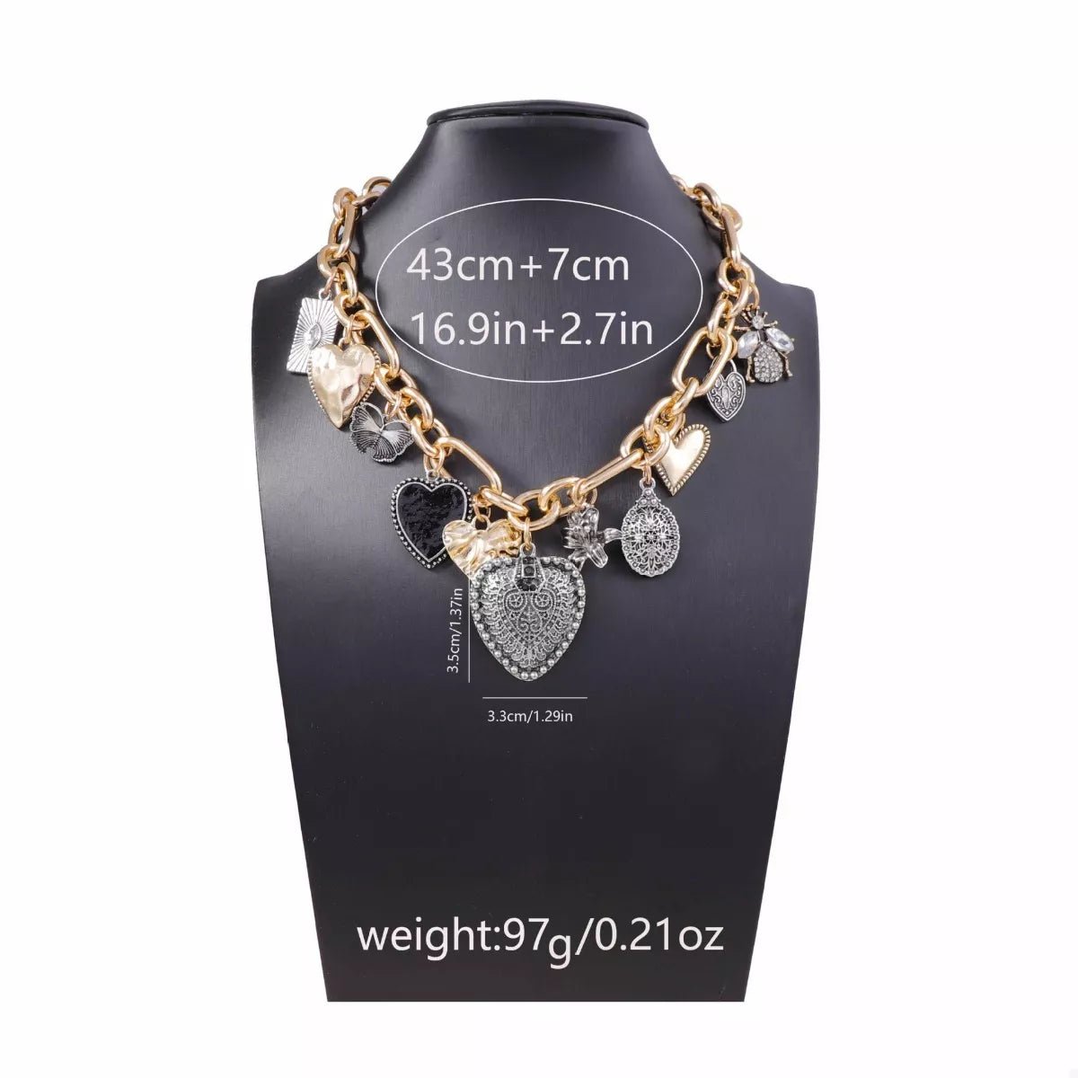 18K Gold - Plated Alloy Heart Charm Chain Statement Necklace - MAD RUFFI