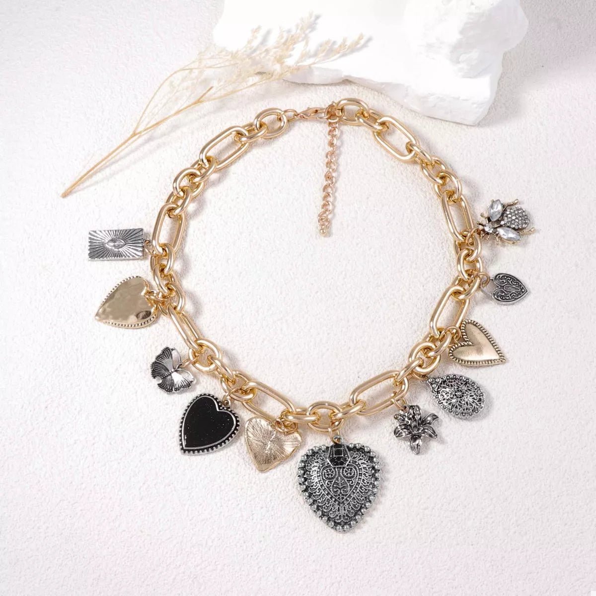 18K Gold - Plated Alloy Heart Charm Chain Statement Necklace - MAD RUFFI