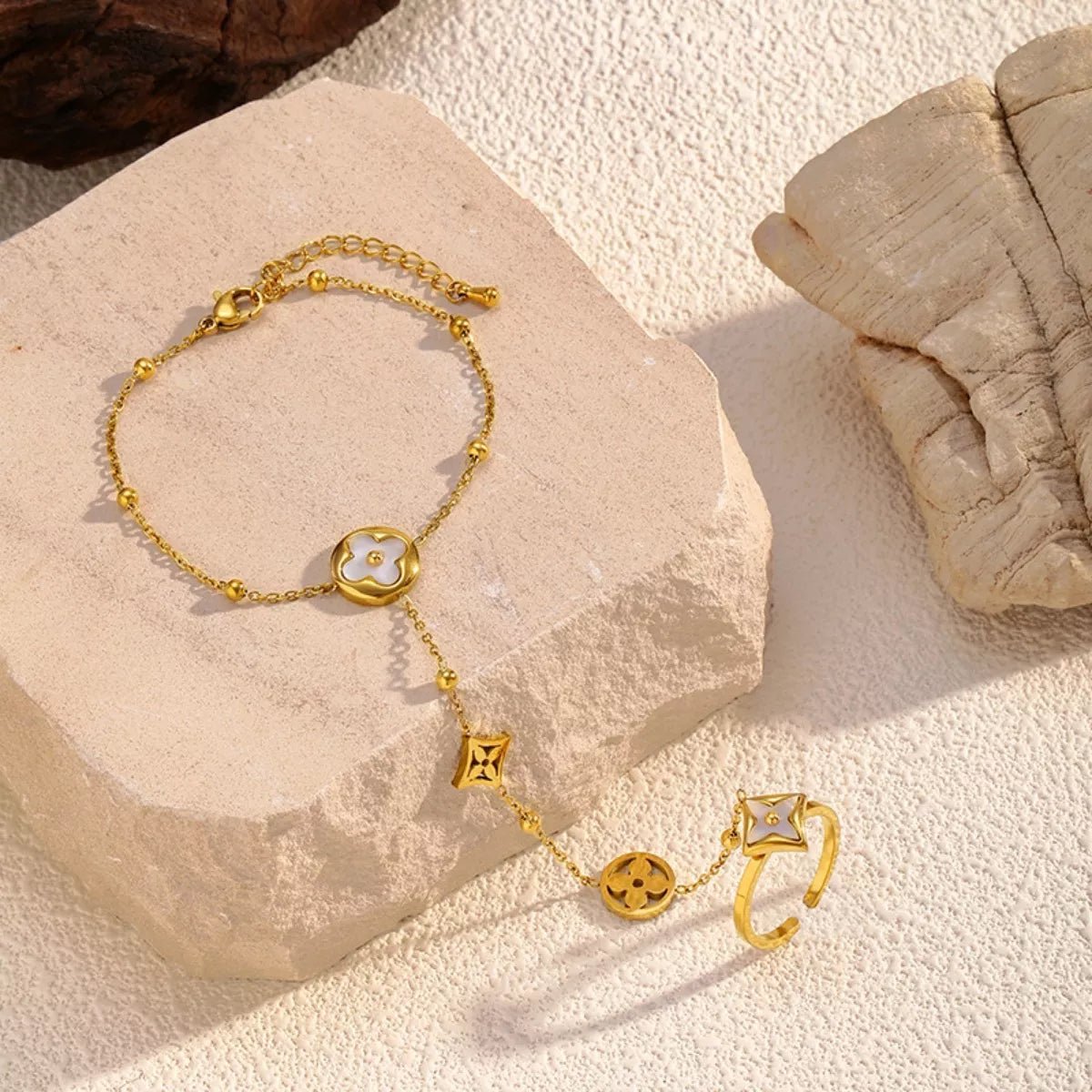 18K Gold - Plated Clover Charm Hand Chain Bracelet - MAD RUFFI