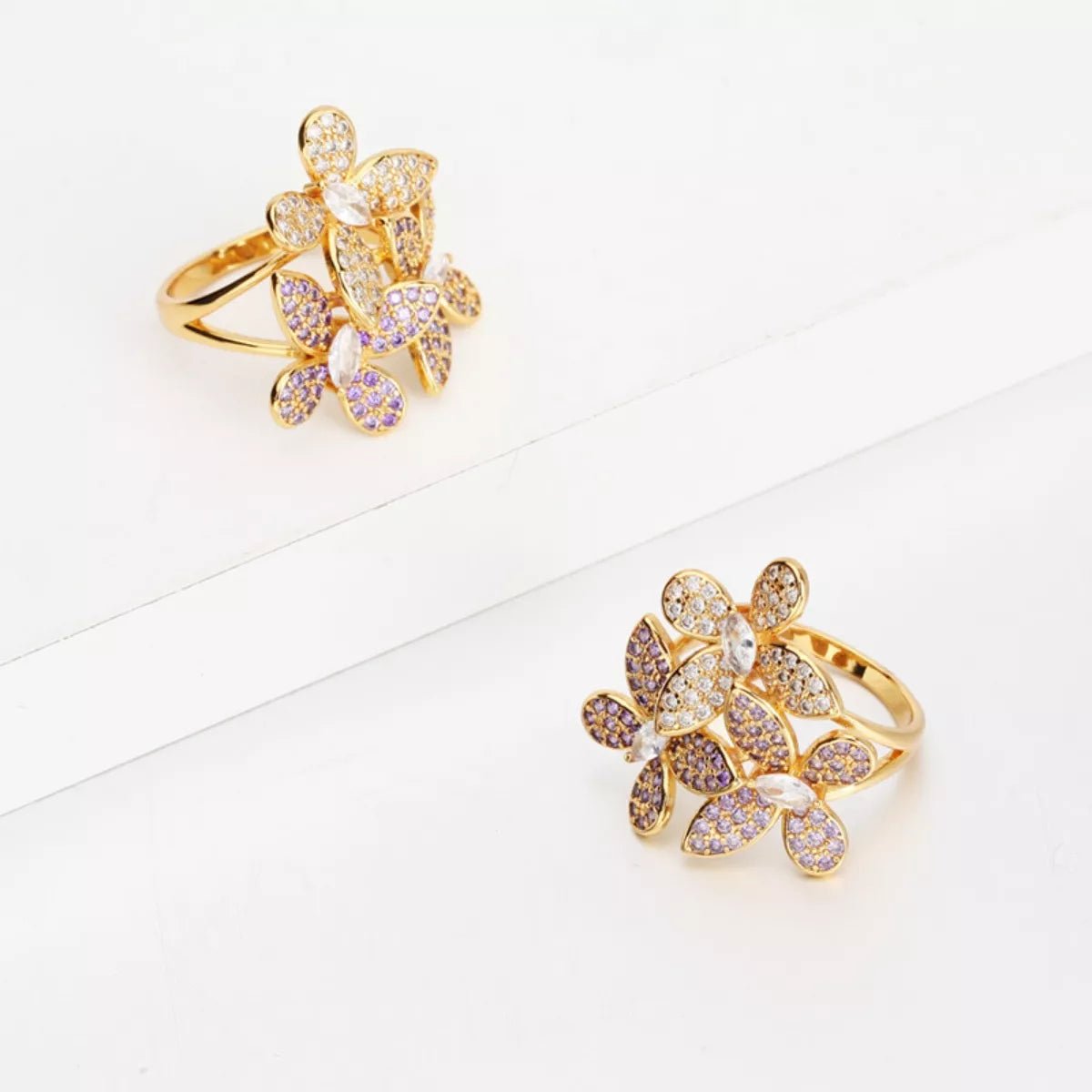 18K Gold - Plated Copper Rhinestone Zircon Flower Ring - MAD RUFFI