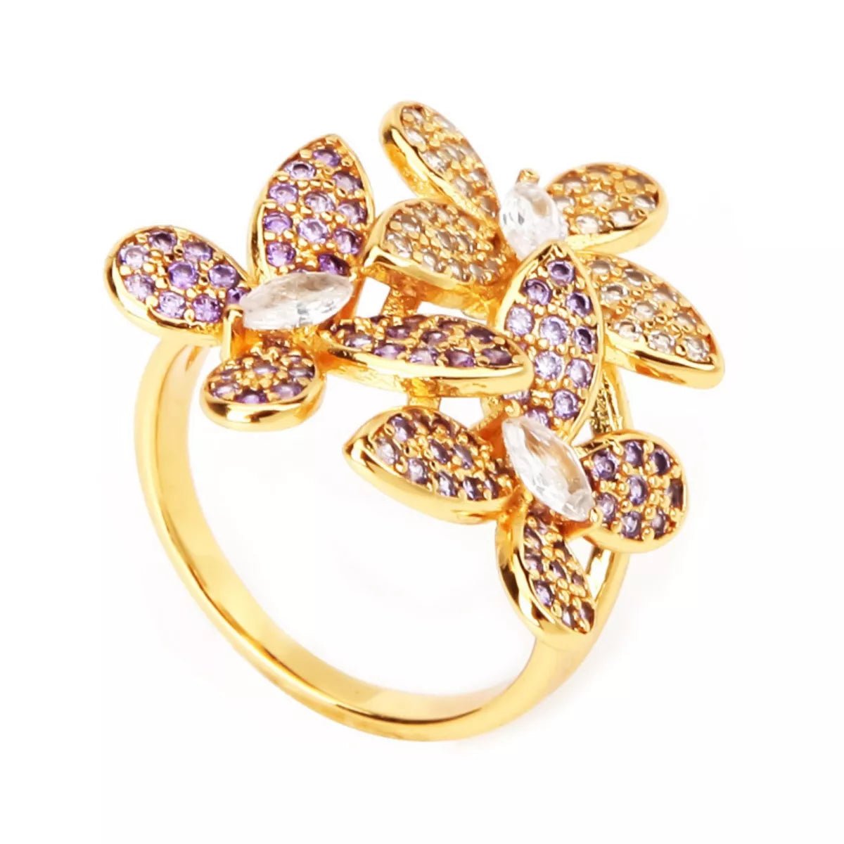 18K Gold - Plated Copper Rhinestone Zircon Flower Ring - MAD RUFFI