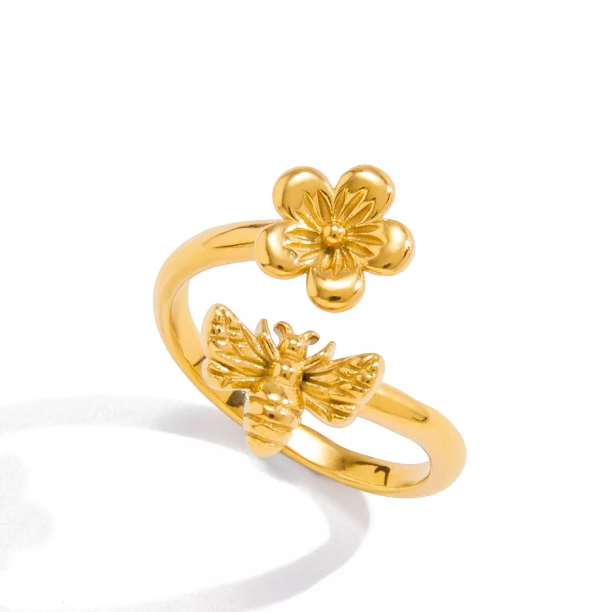 18K Gold - Plated Flower Bee Open Ring - MAD RUFFI