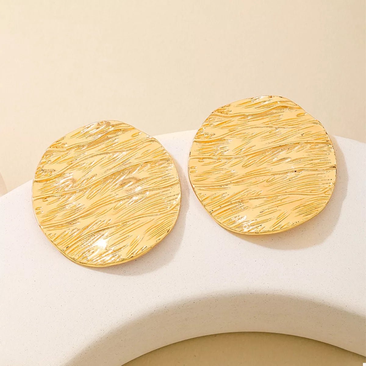 18K Gold - Plated Gold Textured Disc Statement Earrings - MAD RUFFI