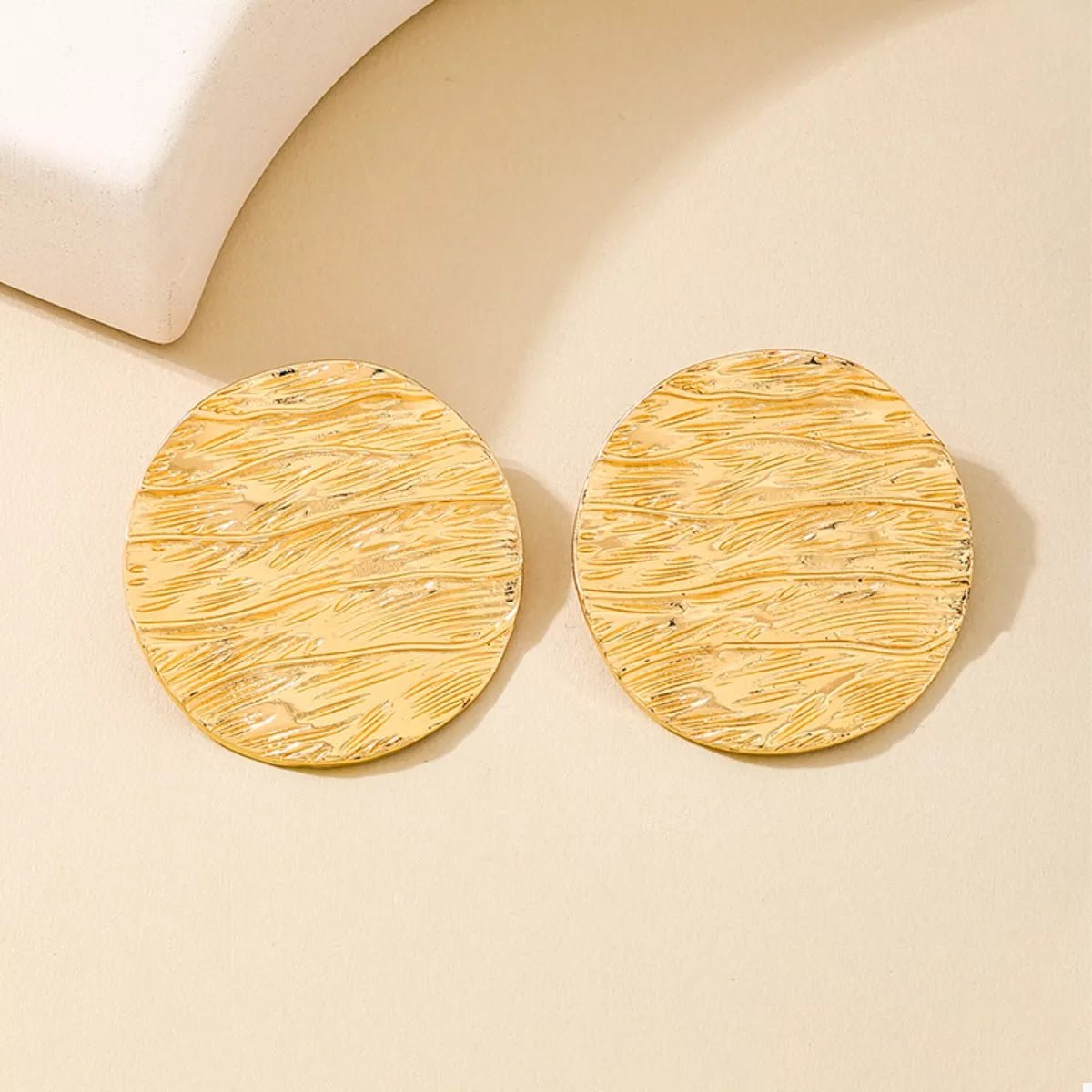18K Gold - Plated Gold Textured Disc Statement Earrings - MAD RUFFI