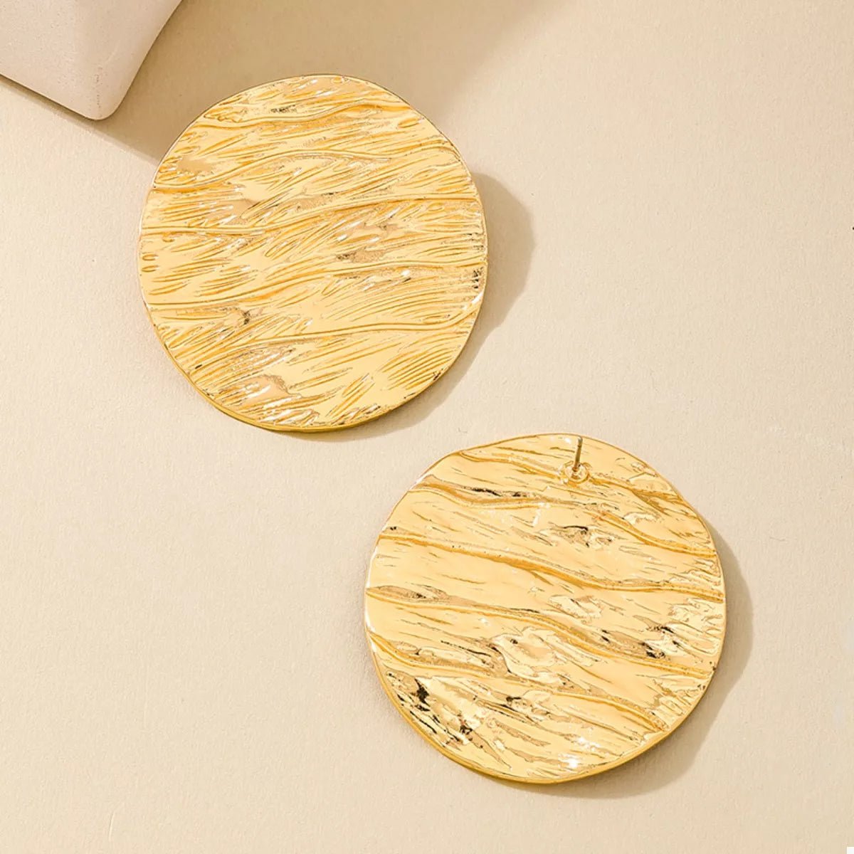 18K Gold - Plated Gold Textured Disc Statement Earrings - MAD RUFFI