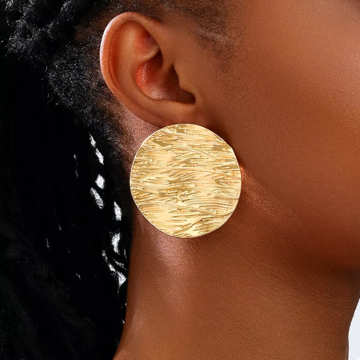 18K Gold - Plated Gold Textured Disc Statement Earrings - MAD RUFFI