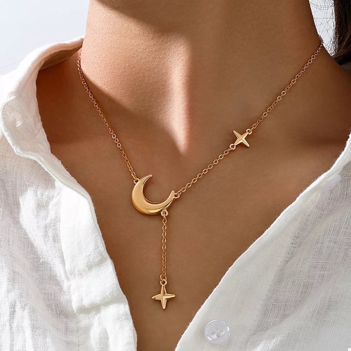 18K Gold - Plated Moon and Star Gold Chain Necklace - MAD RUFFI