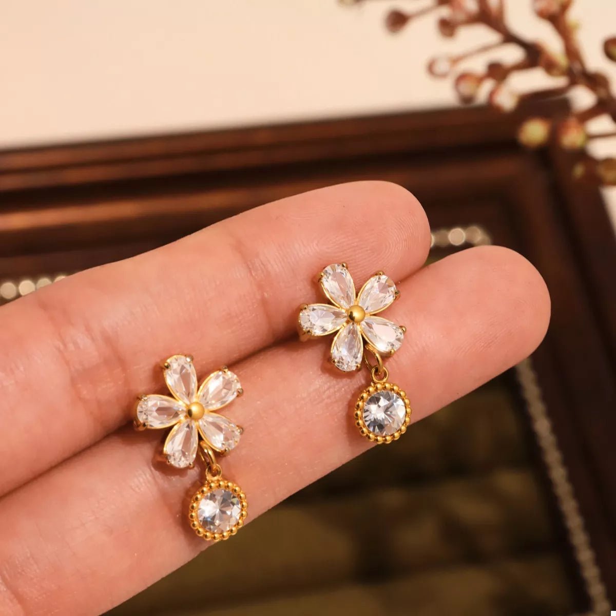 18K Gold - Plated Stainless Steel Zircon Flower Drop Earrings - MAD RUFFI