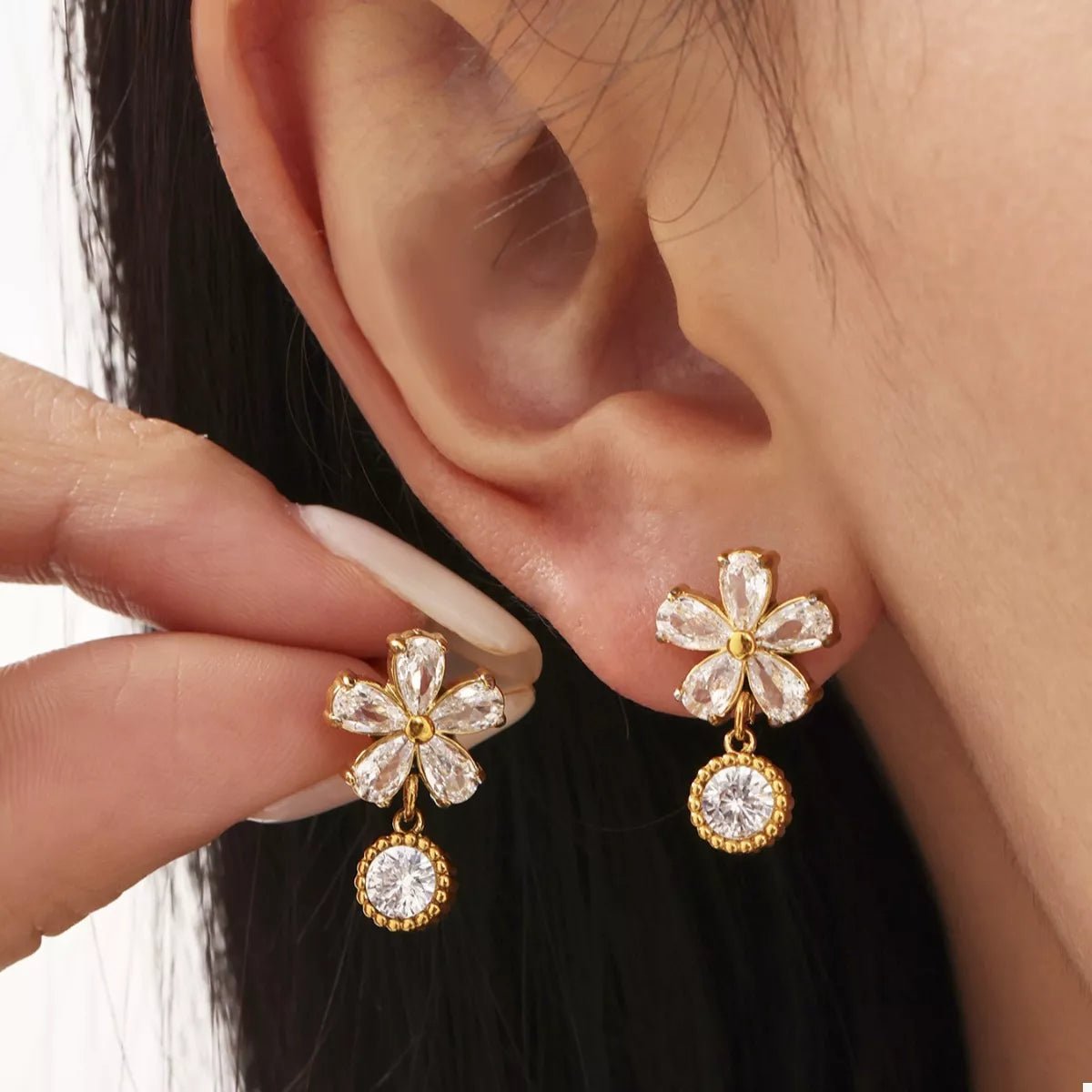 18K Gold - Plated Stainless Steel Zircon Flower Drop Earrings - MAD RUFFI