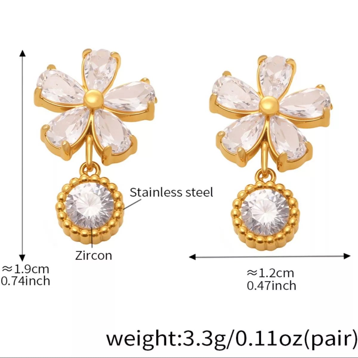 18K Gold - Plated Stainless Steel Zircon Flower Drop Earrings - MAD RUFFI