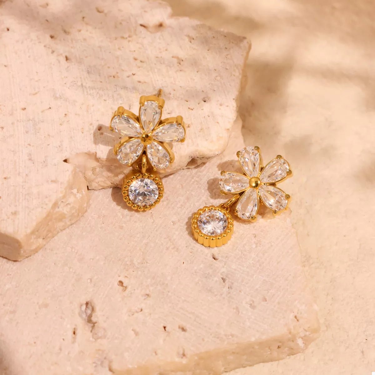 18K Gold - Plated Stainless Steel Zircon Flower Drop Earrings - MAD RUFFI