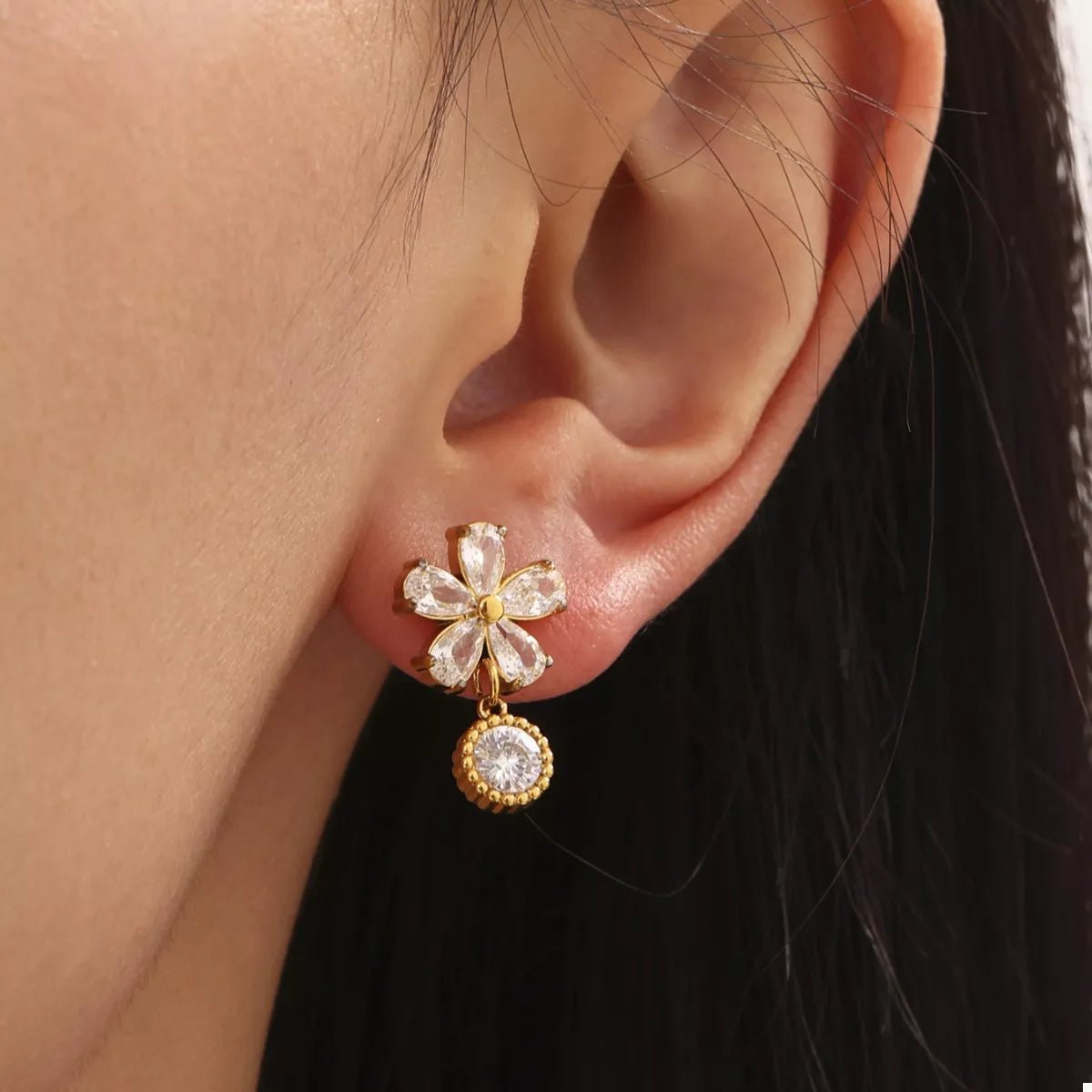 18K Gold - Plated Stainless Steel Zircon Flower Drop Earrings - MAD RUFFI