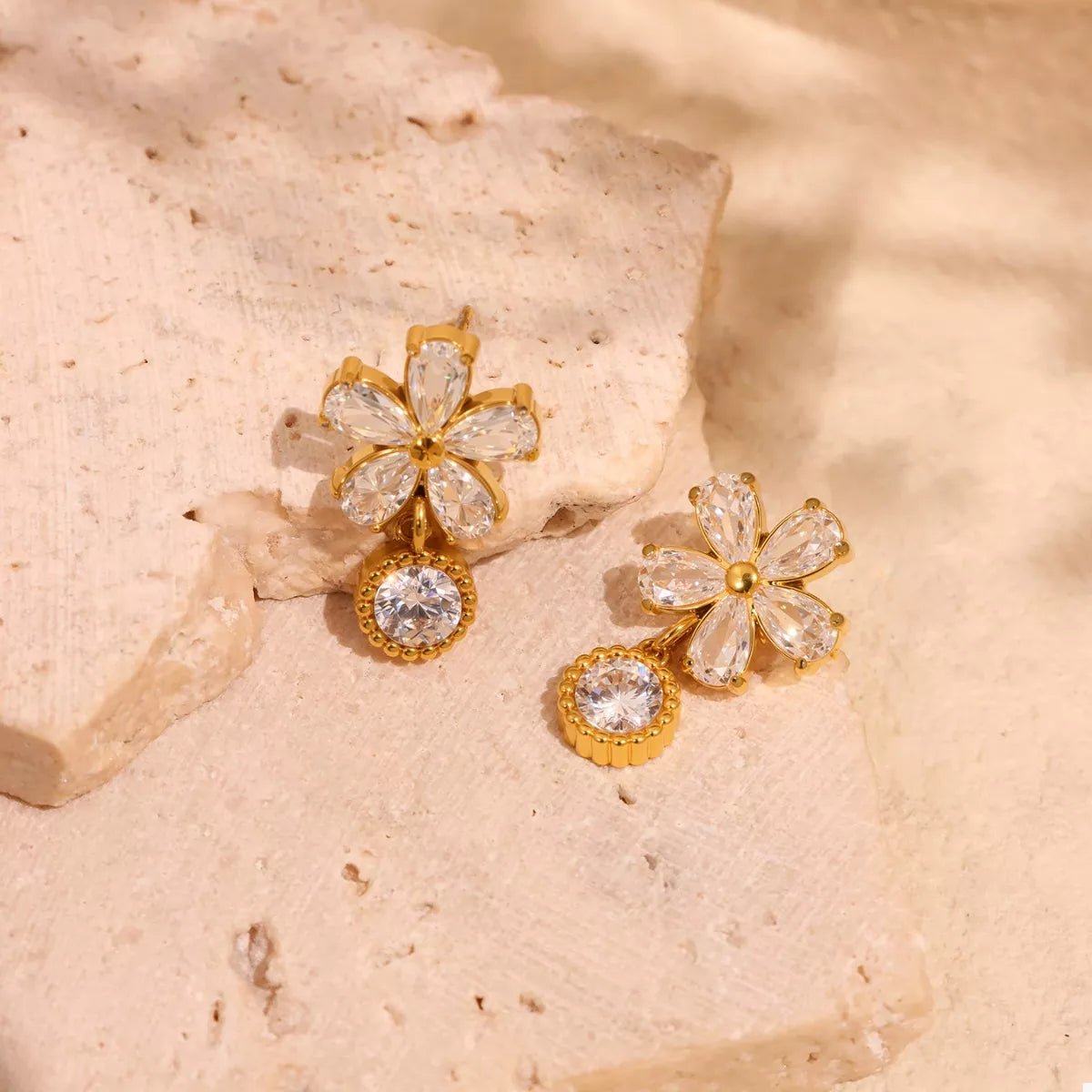 18K Gold - Plated Stainless Steel Zircon Flower Drop Earrings - MAD RUFFI