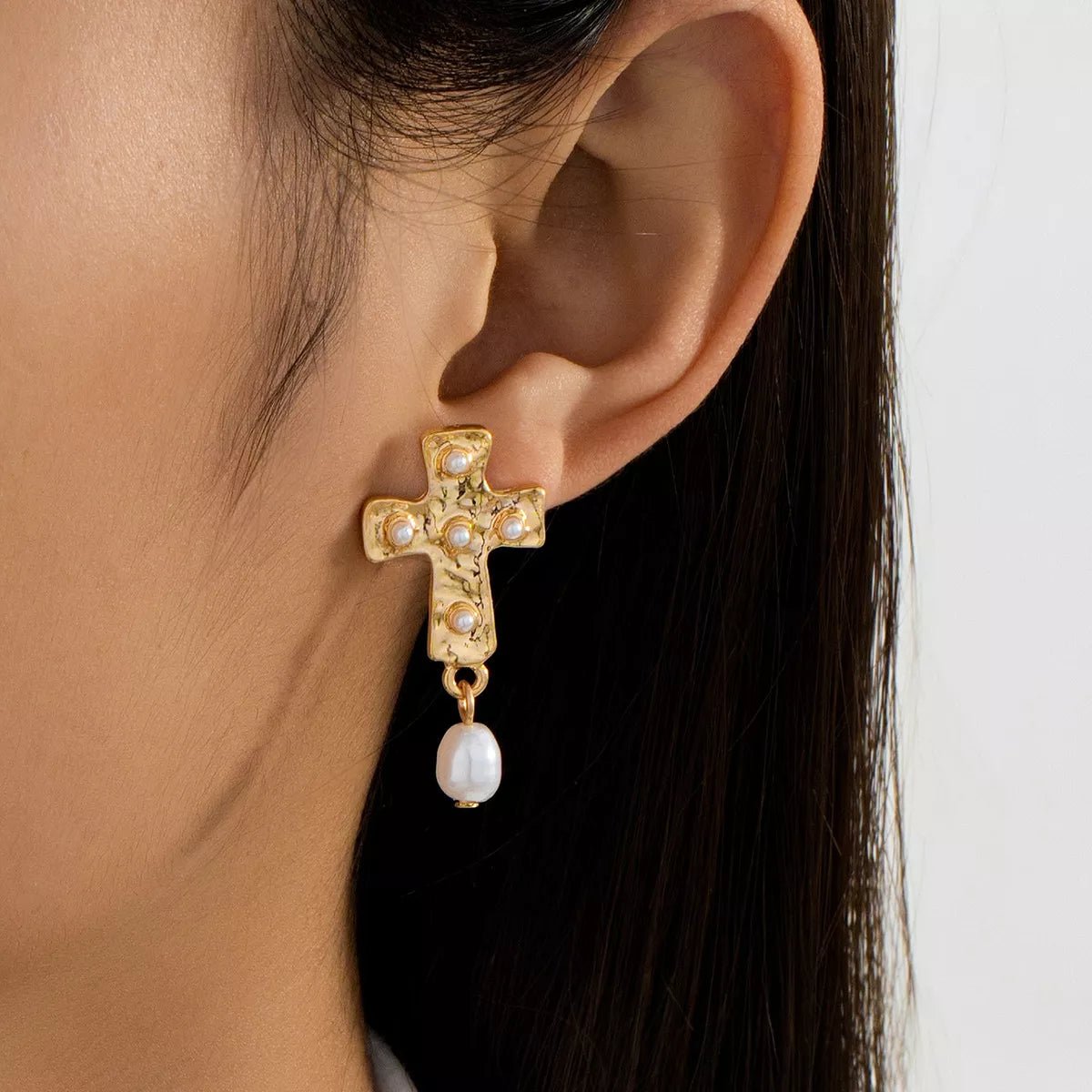 18K Gold - Plated Synthetic Pearl Cross Drop Earrings - MAD RUFFI