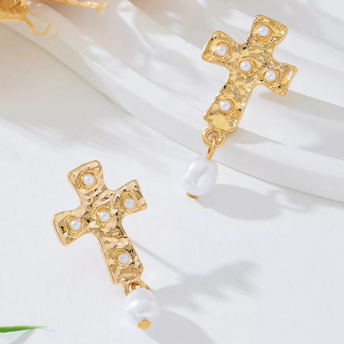 18K Gold - Plated Synthetic Pearl Cross Drop Earrings - MAD RUFFI