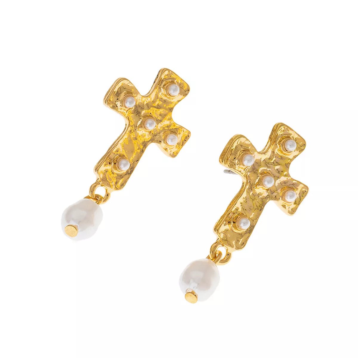 18K Gold - Plated Synthetic Pearl Cross Drop Earrings - MAD RUFFI