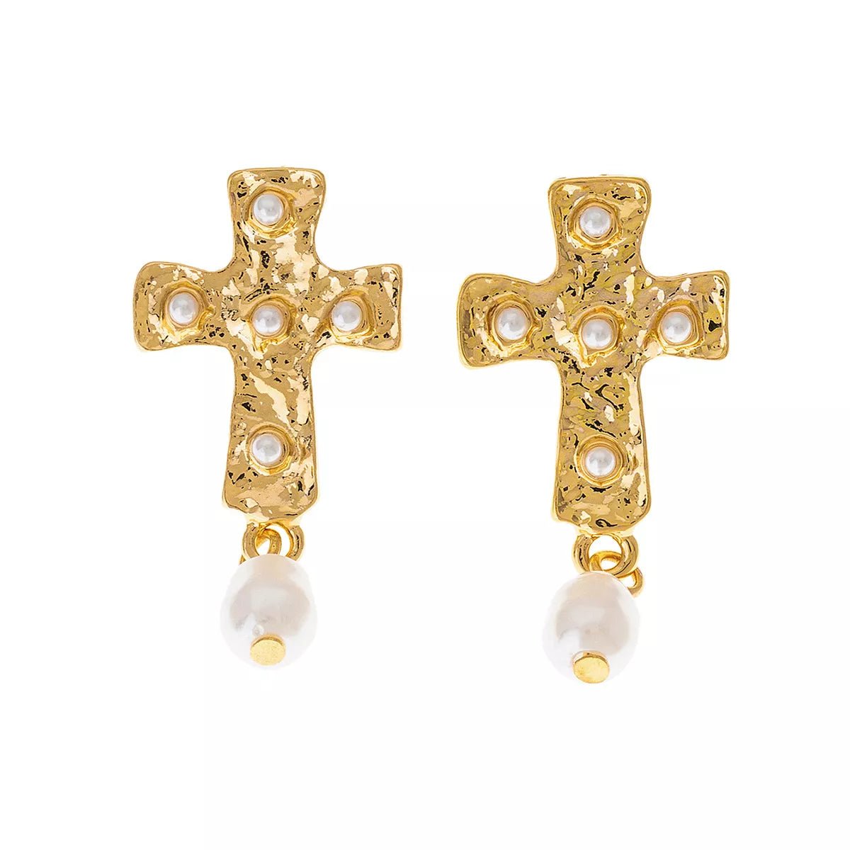 18K Gold - Plated Synthetic Pearl Cross Drop Earrings - MAD RUFFI