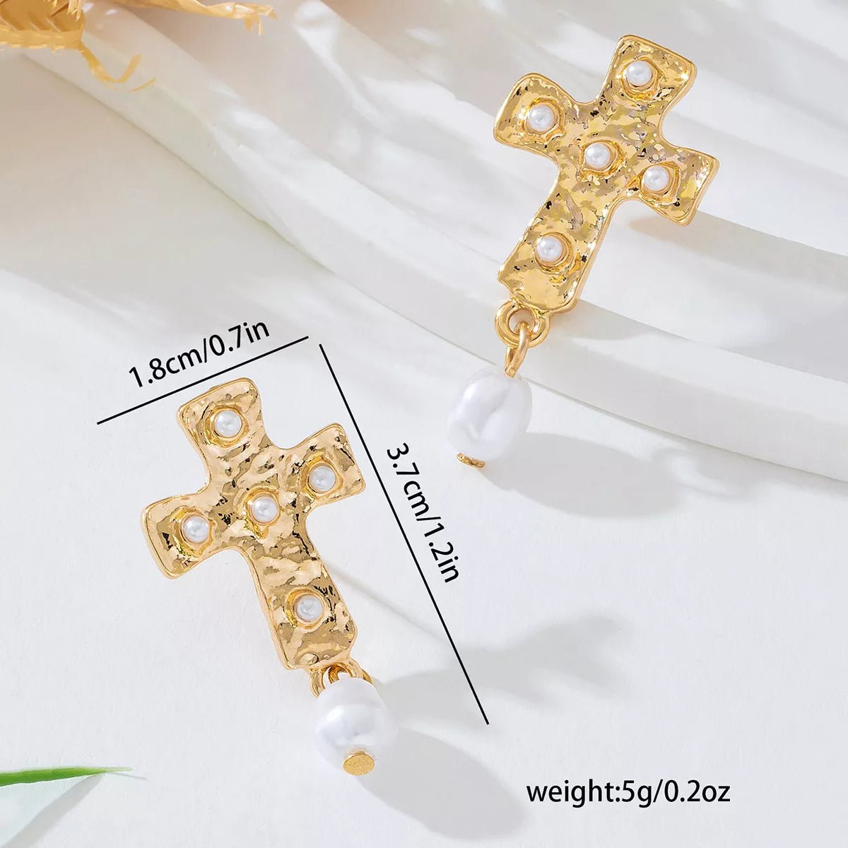 18K Gold - Plated Synthetic Pearl Cross Drop Earrings - MAD RUFFI
