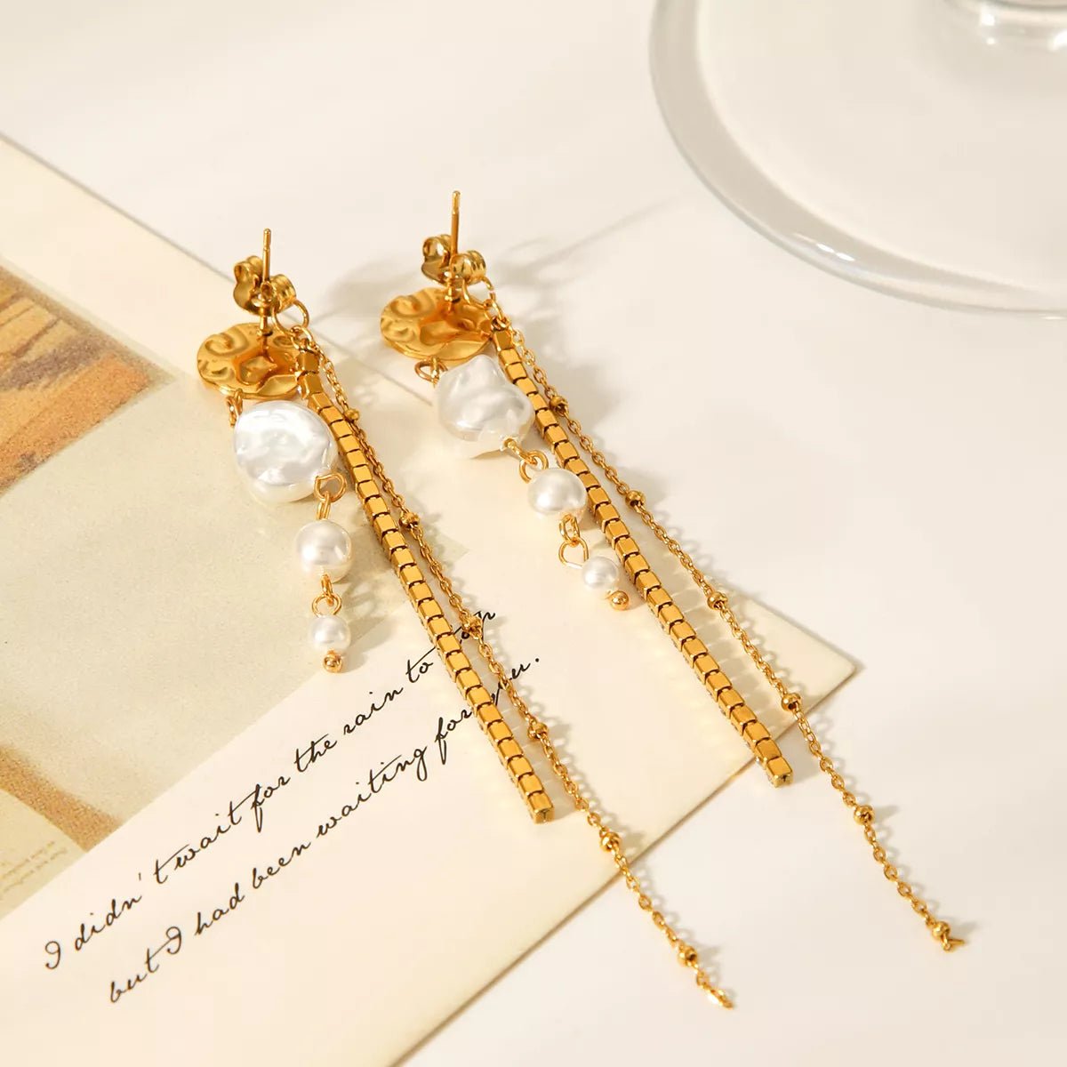 18K Gold - Plated Zircon Pearl Chain Earrings - MAD RUFFI