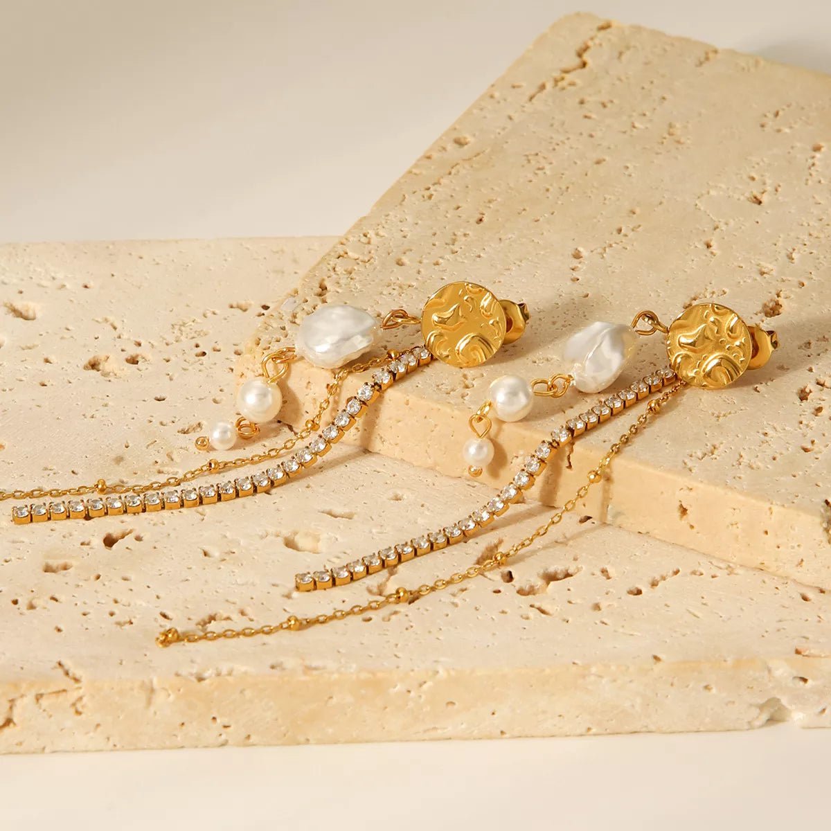 18K Gold - Plated Zircon Pearl Chain Earrings - MAD RUFFI