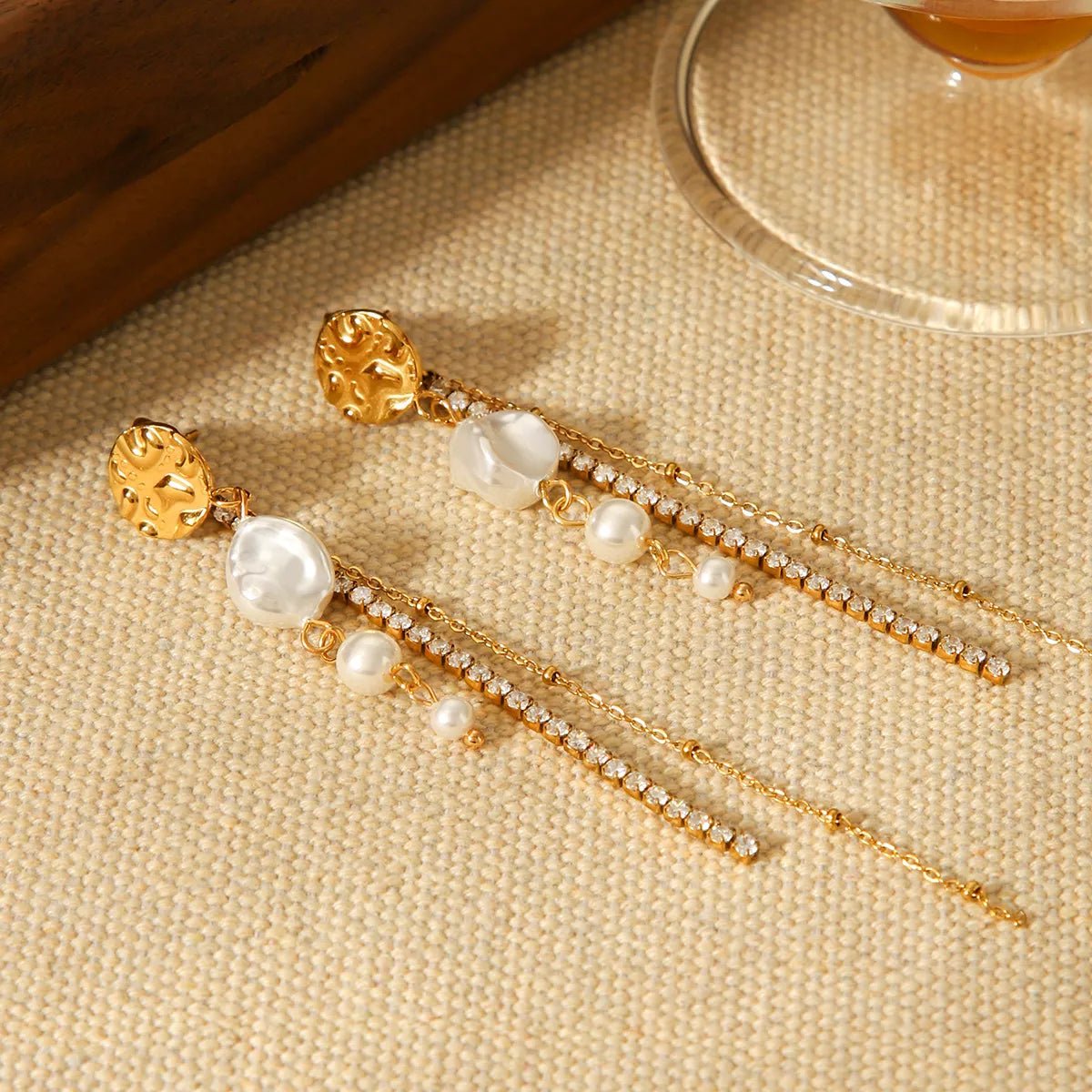 18K Gold - Plated Zircon Pearl Chain Earrings - MAD RUFFI