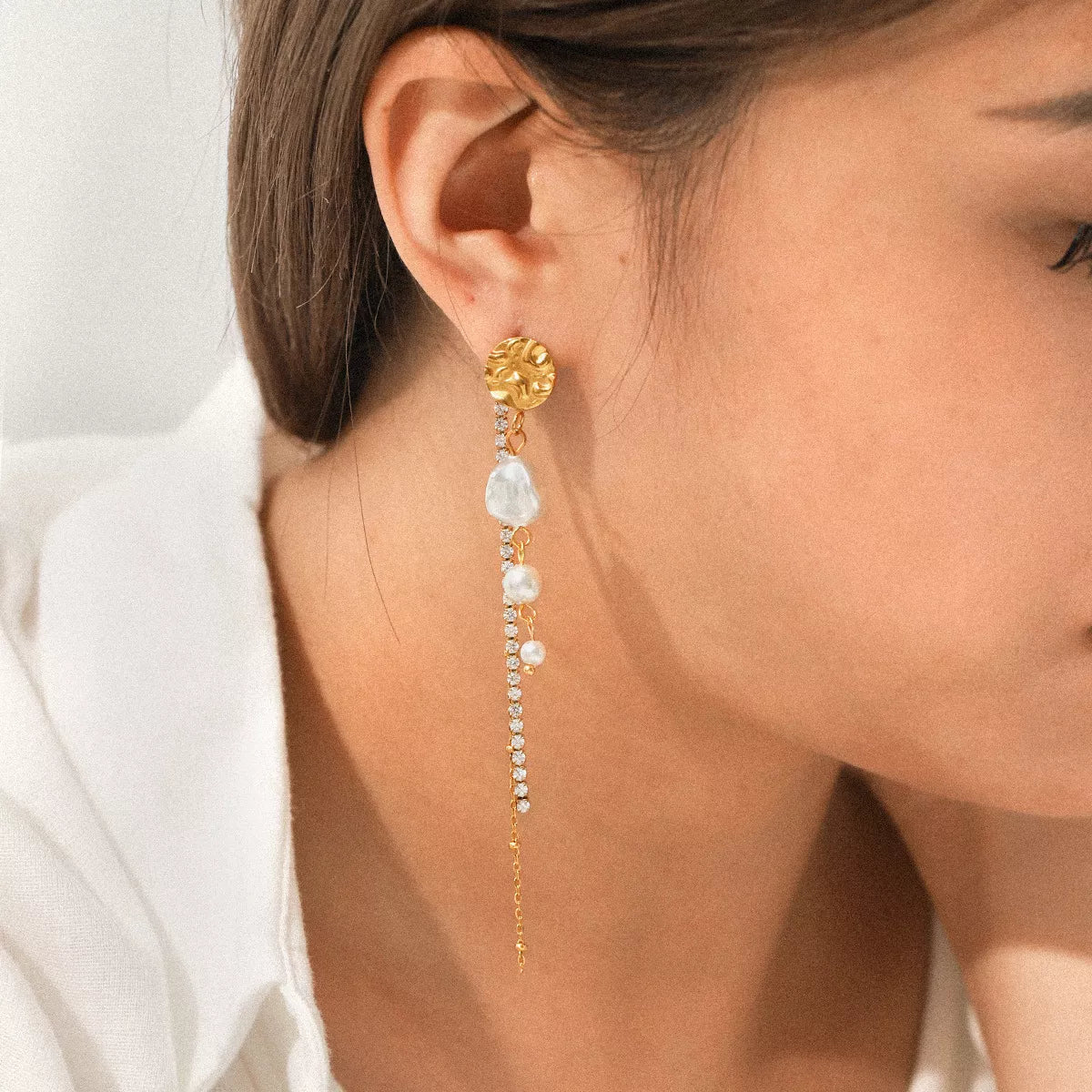 18K Gold - Plated Zircon Pearl Chain Earrings - MAD RUFFI