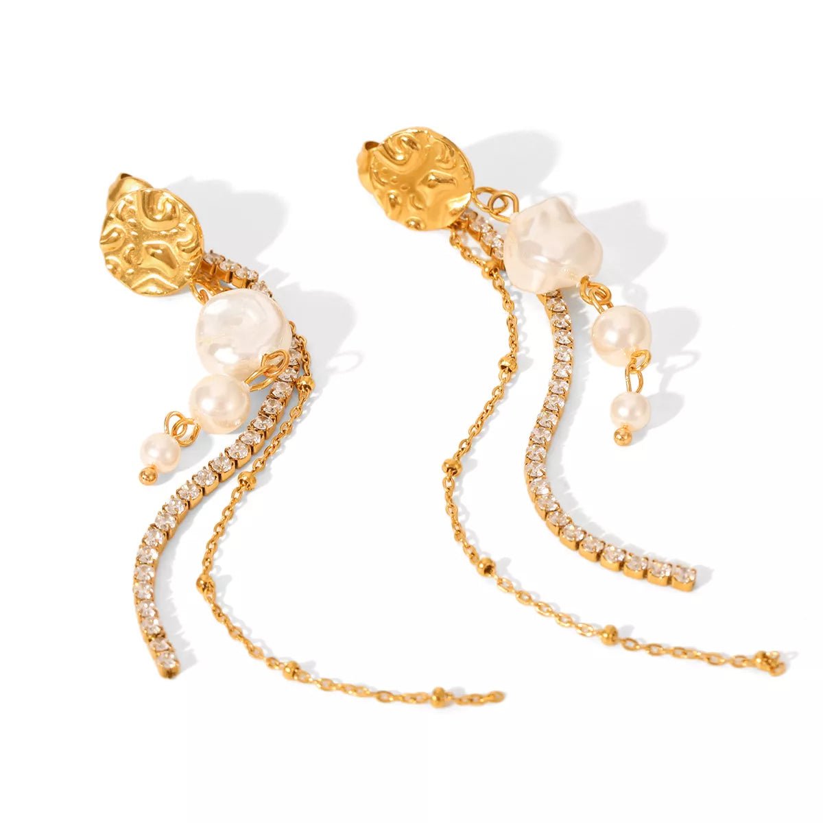 18K Gold - Plated Zircon Pearl Chain Earrings - MAD RUFFI