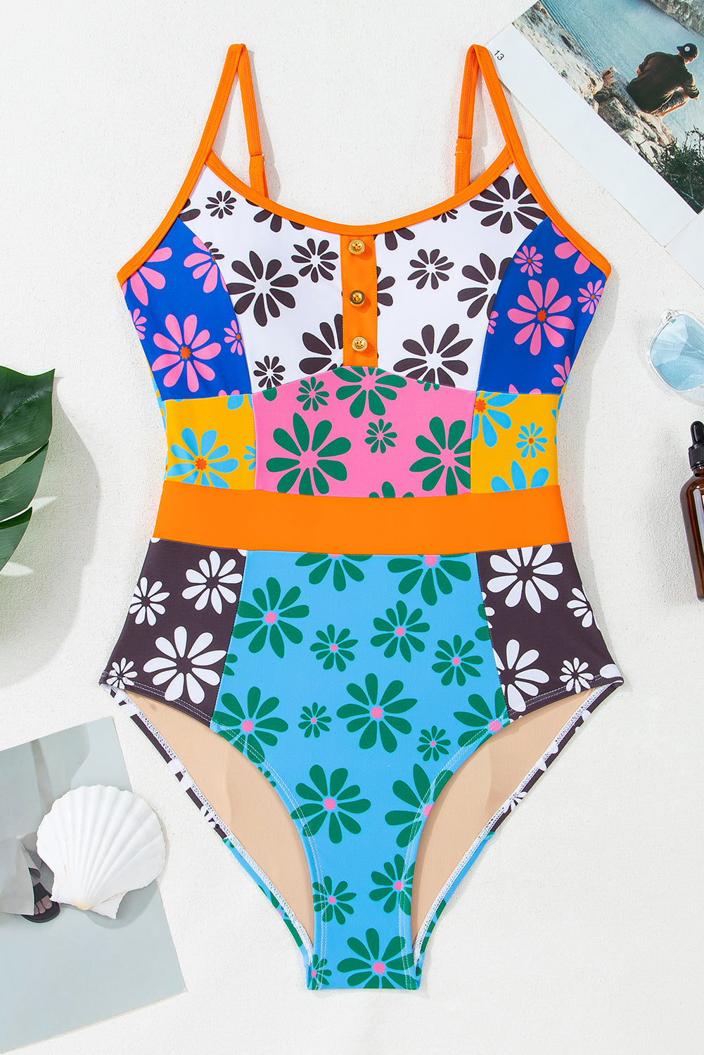 Orange Floral Colorblock Buttoned Front Spaghetti Straps Swimsuit