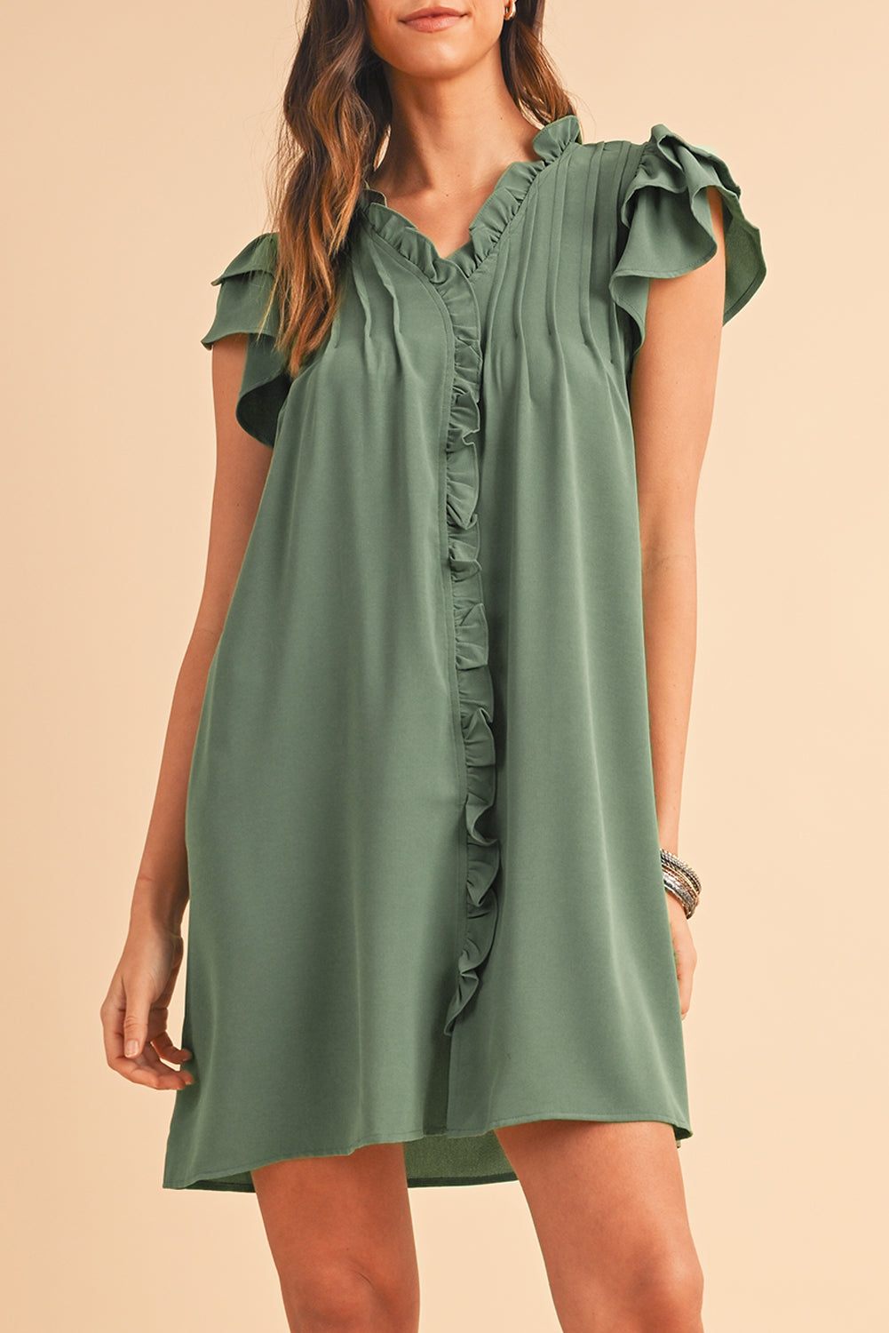 Soft Mist Green Ruffled Sleeve V-Neck Mini Dress with Pockets