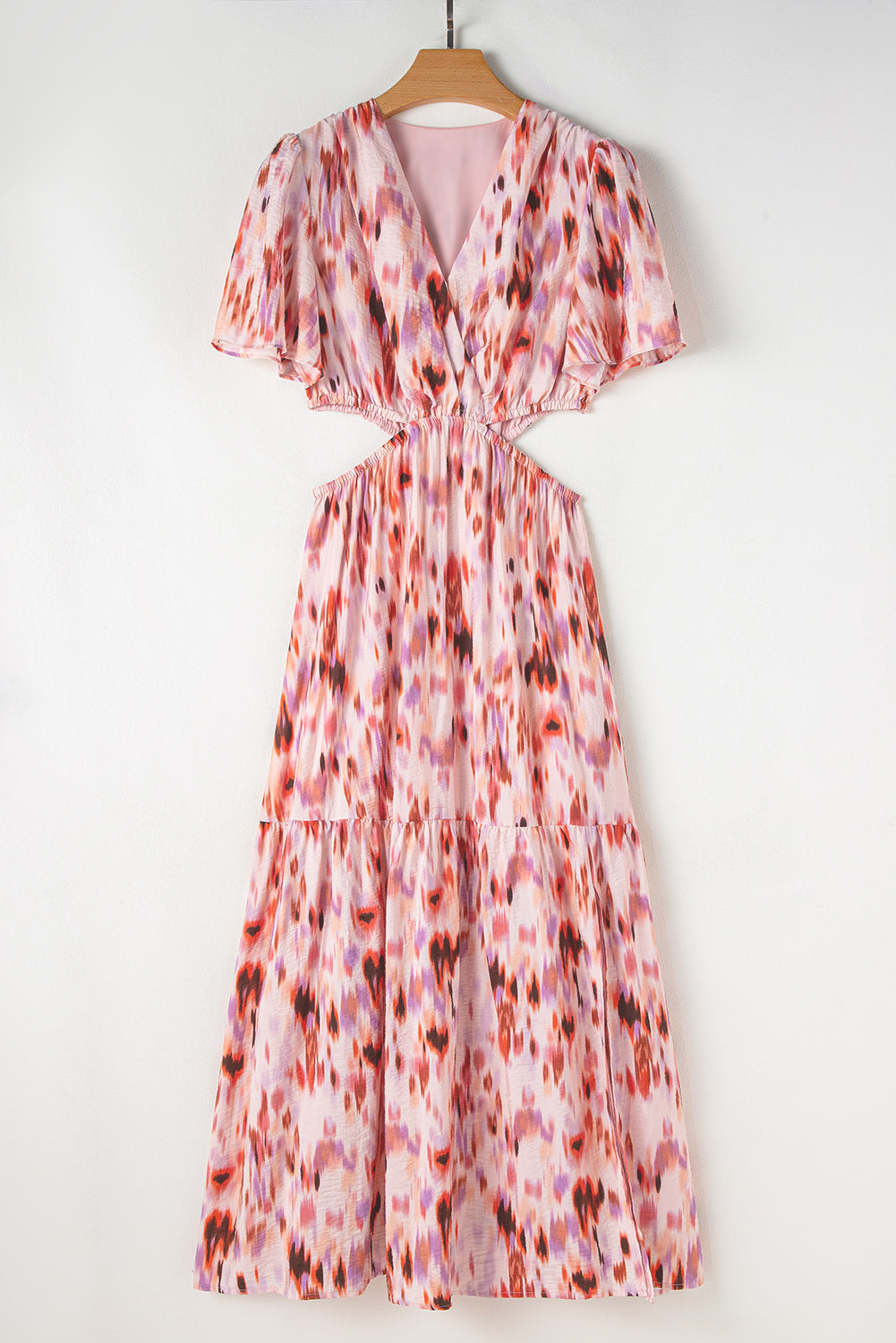 Pink Abstract Printed Flutter Sleeve Cutout Maxi Dress