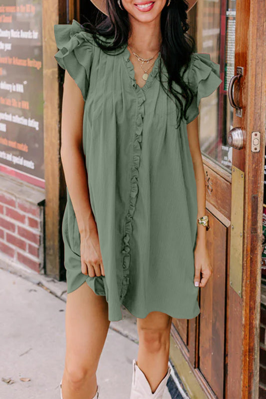 Soft Mist Green Ruffled Sleeve V-Neck Mini Dress with Pockets