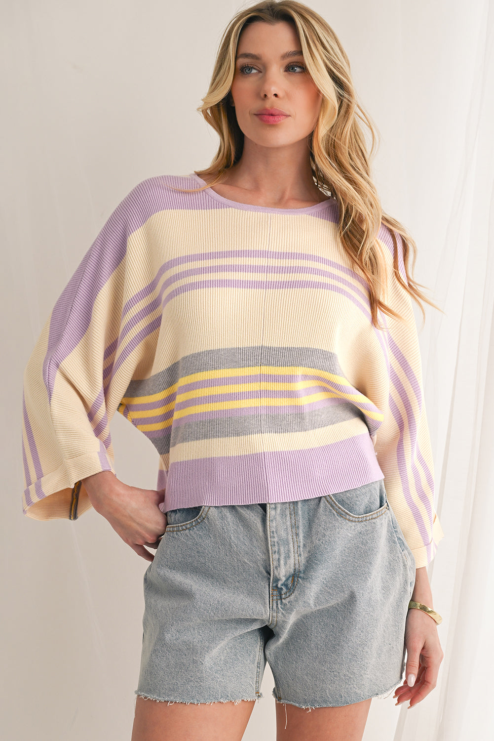 Purple Striped Rib-Knit Cropped Top