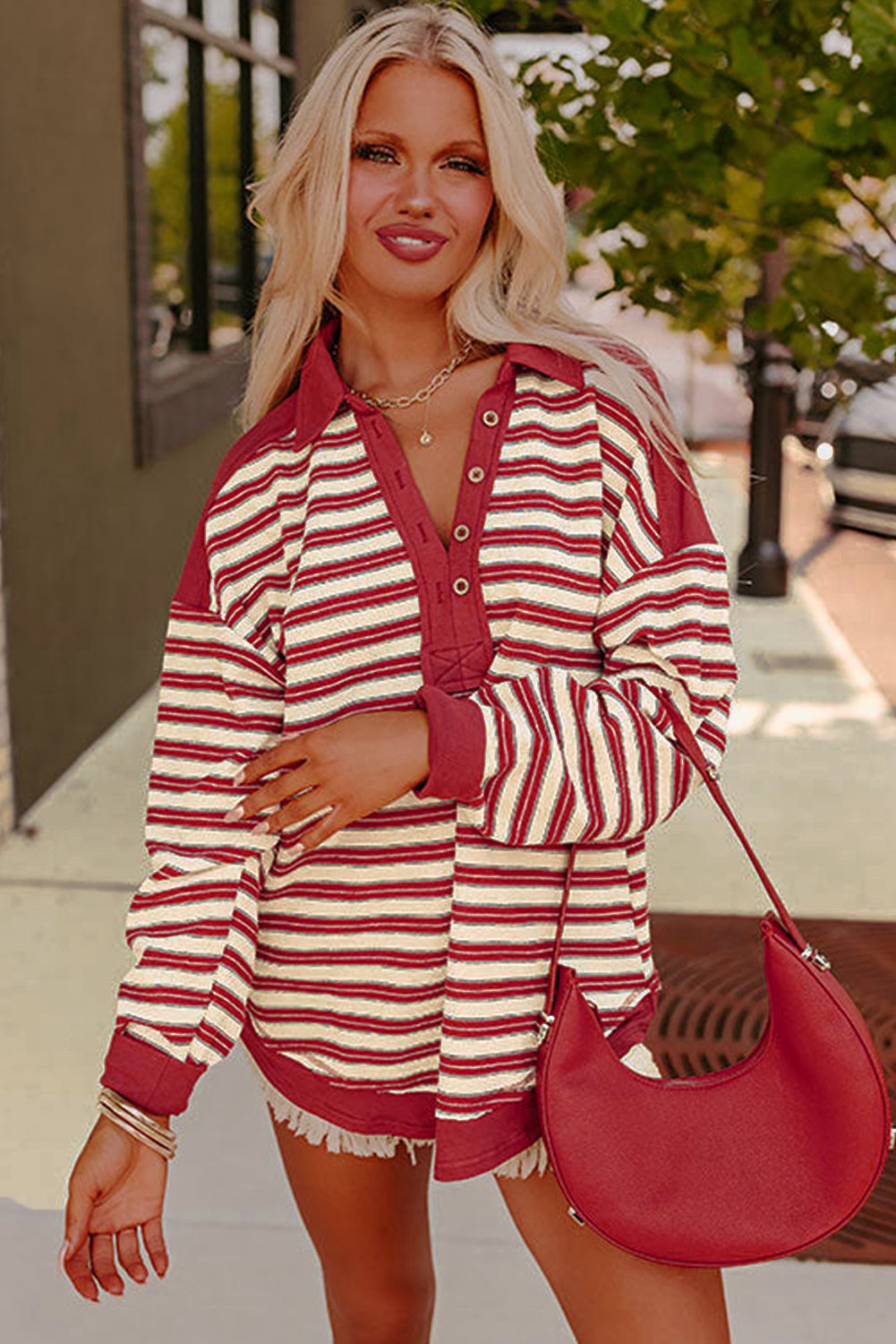 Pink Stripe Collared V Neck Drop Shoulder Top