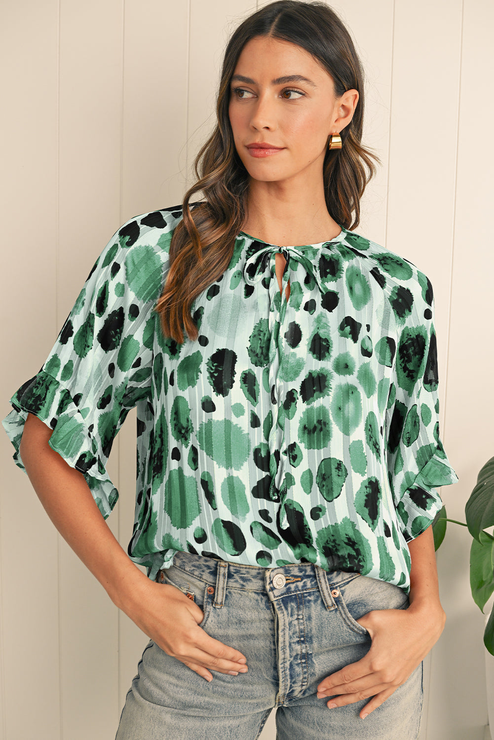 Ruffle Print Print Green 3/4 آستین کراوات گردن