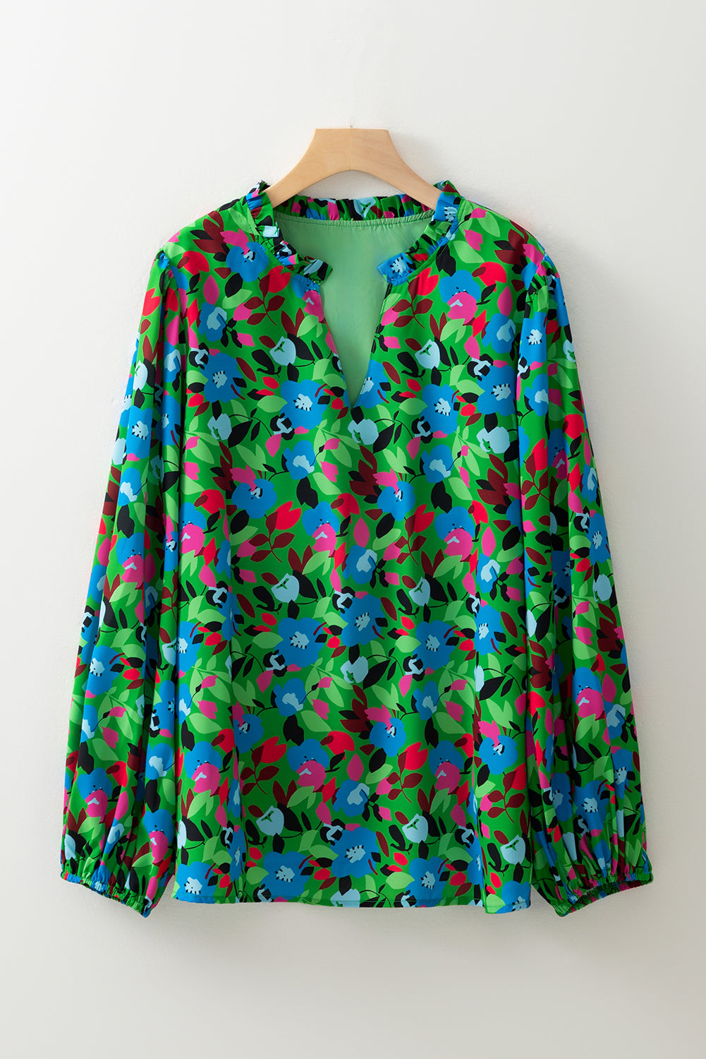 Green plus taille florale à manches bouffantes V Blouse de cou