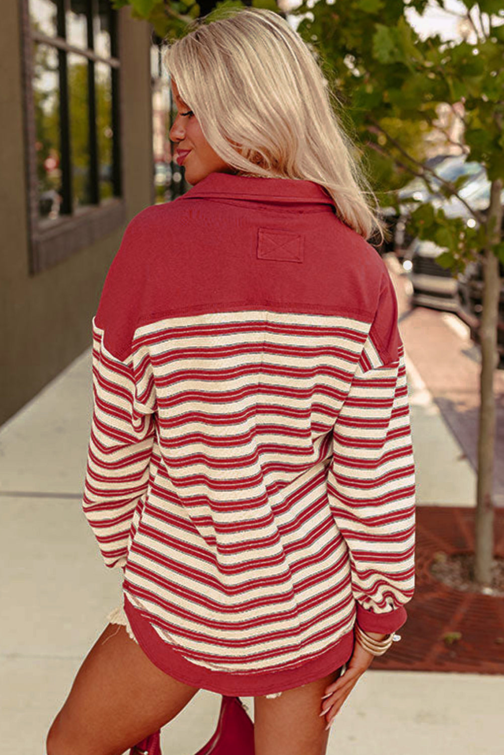 Pink Stripe Collared V Neck Drop Shoulder Top