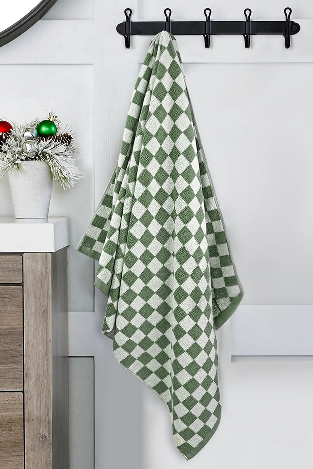 Toalla de baño grande suave con estampado verde a cuadros de hierba