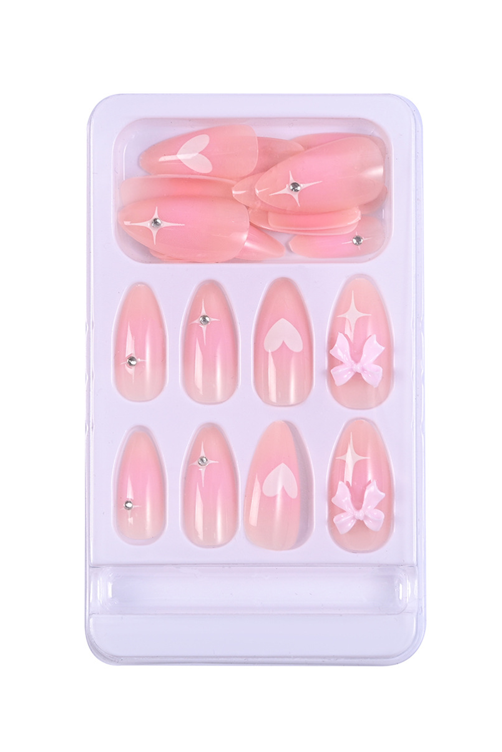 Pink Gradient Bow And Heart Decor Press On Nails Set