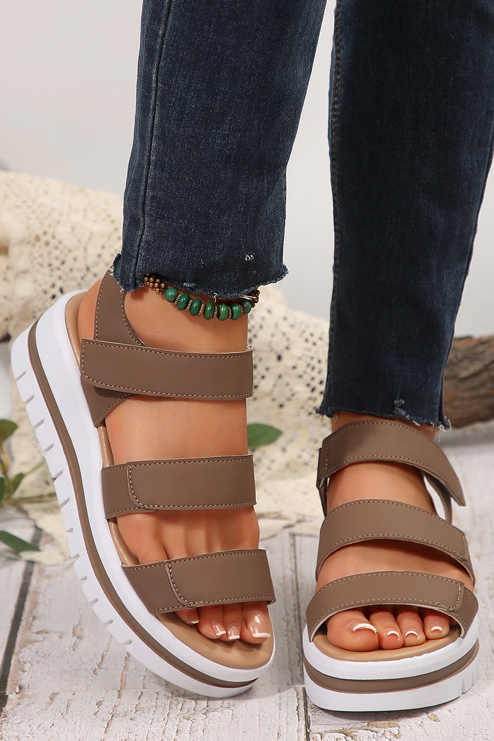 Camel Hollow Out Sandalias de plataforma de cuero Pu Pu